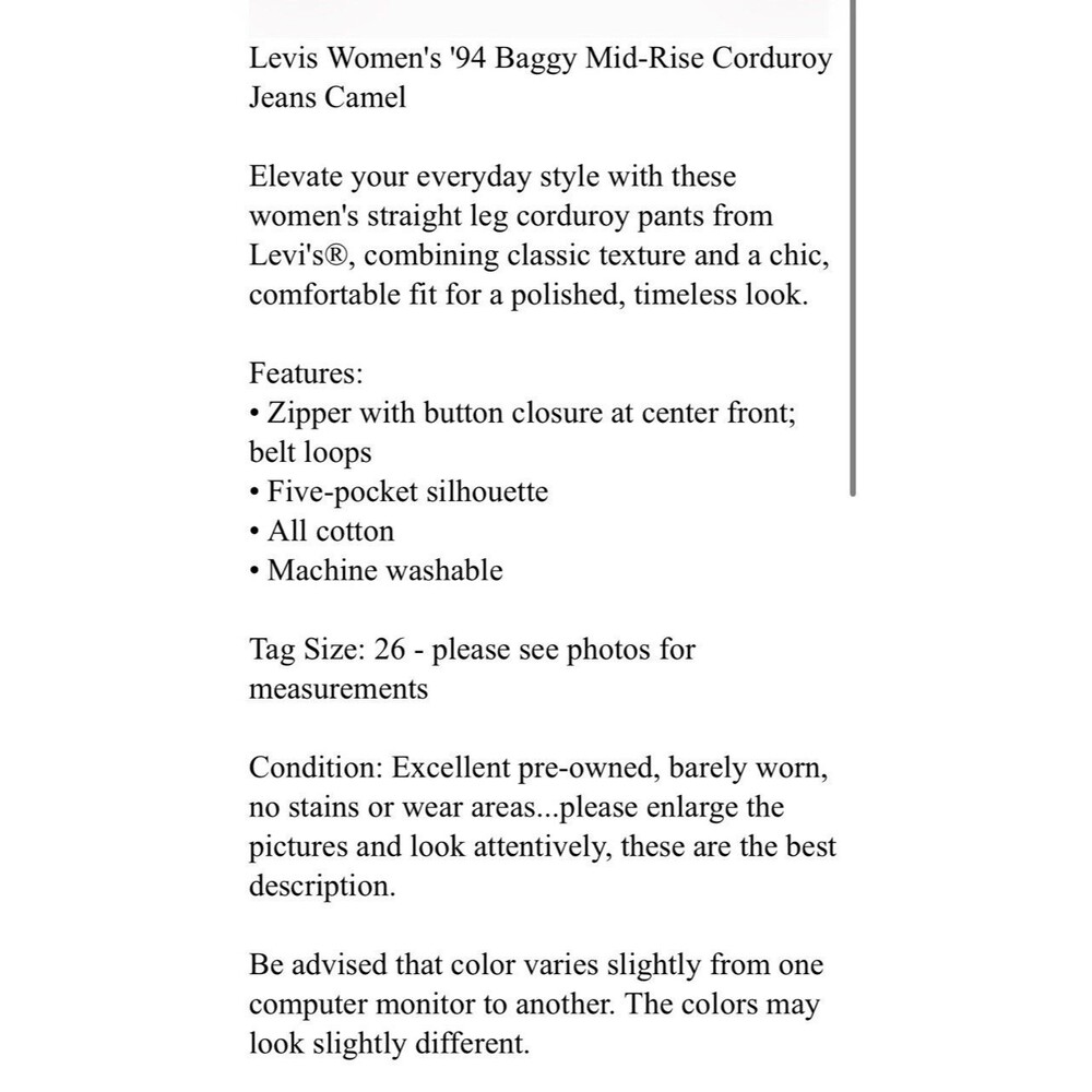 Levis Women's '94 Baggy Mid-Rise Corduroy Jeans Camel  Size 26  Boho Skater - Picture 15 of 15